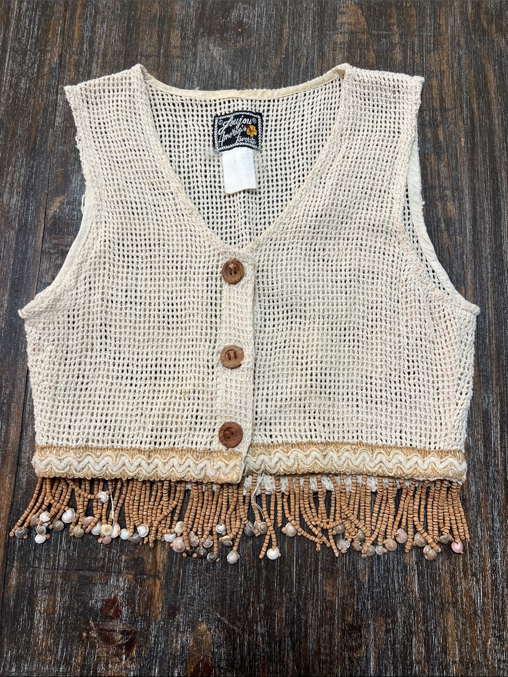 Vintage Jou Jou Cream Open-Knit Crochet Vest with Beaded Accent. Boho - Picture 1 of 7